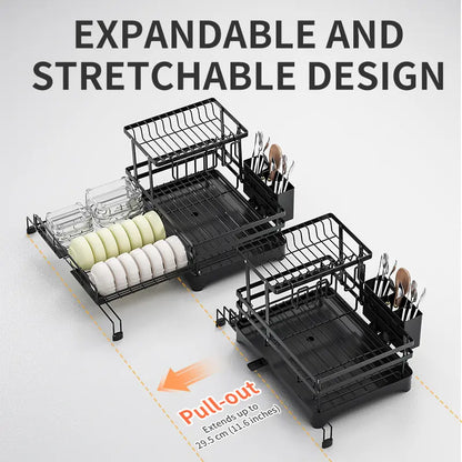 Foldable sink drain rack | Double-layer pull-out kitchen storage rack with cutlery rack