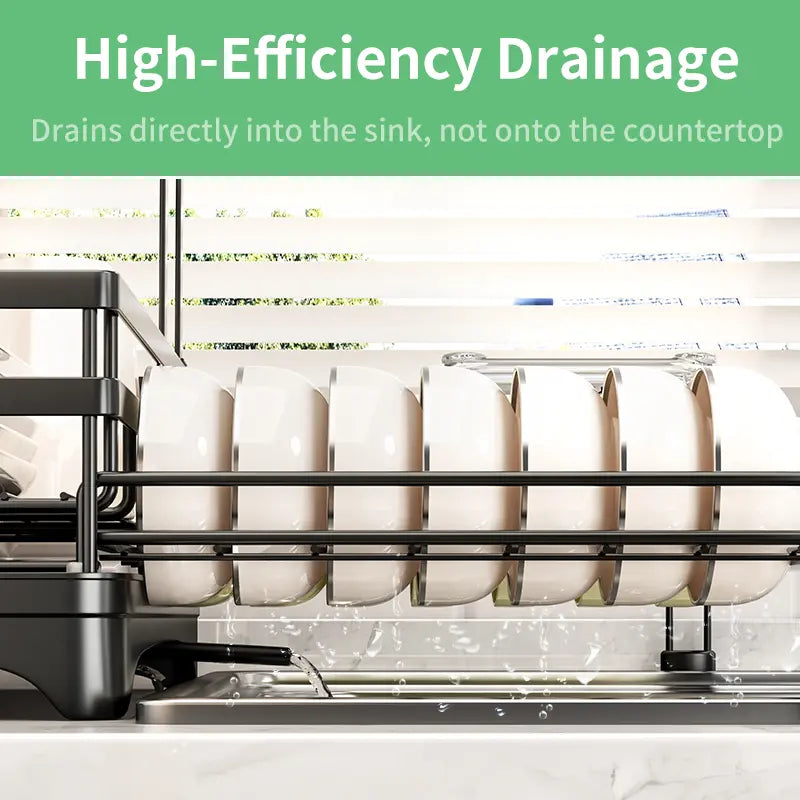 Foldable sink drain rack | Double-layer pull-out kitchen storage rack with cutlery rack